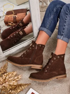 Botki damskie Aurelia Romano z naturalnego zamszu – brązowe, z futerkiem Botki Bez Ocieplenia|Botki Sznurowane