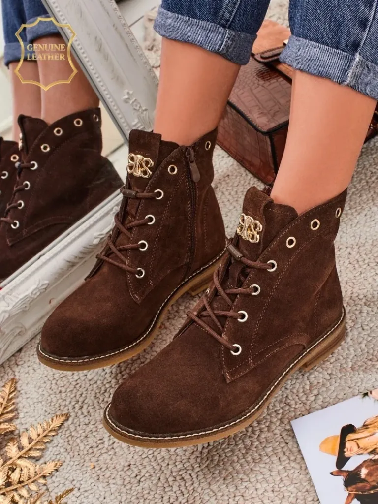 Botki damskie Aurelia Romano z naturalnego zamszu – brązowe, z futerkiem Botki Bez Ocieplenia|Botki Sznurowane