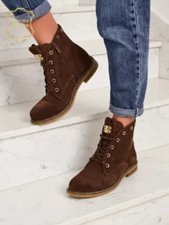 Botki damskie Aurelia Romano z naturalnego zamszu – brązowe, z futerkiem Botki Bez Ocieplenia|Botki Sznurowane