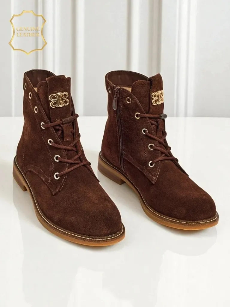 Botki damskie Aurelia Romano z naturalnego zamszu – brązowe, z futerkiem Botki Bez Ocieplenia|Botki Sznurowane