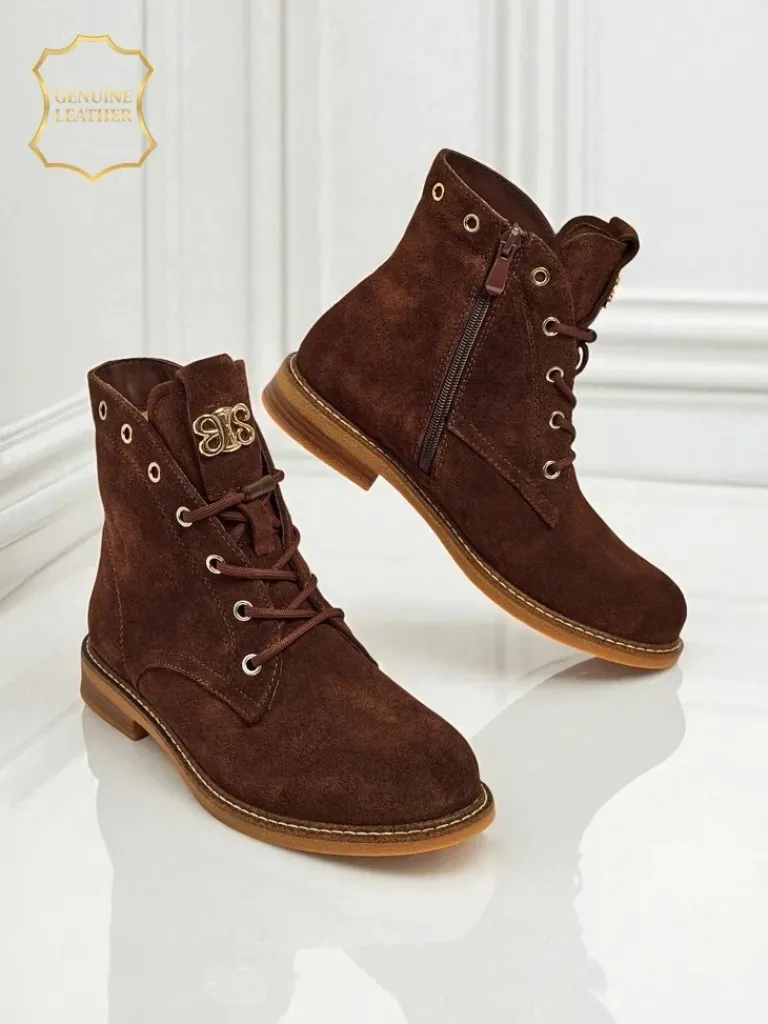 Botki damskie Aurelia Romano z naturalnego zamszu – brązowe, z futerkiem Botki Bez Ocieplenia|Botki Sznurowane