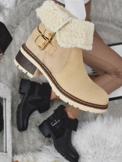 Best Botki damskie eko skórzane z kożuszkiem Kavira Botki Z Delikatnym Ociepleniem|Botki Na Płaskim Obcasie