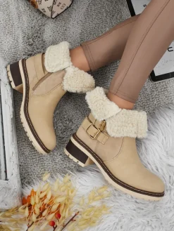 Best Botki damskie eko skórzane z kożuszkiem Kavira Botki Z Delikatnym Ociepleniem|Botki Na Płaskim Obcasie