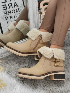 Best Botki damskie eko skórzane z kożuszkiem Kavira Botki Z Delikatnym Ociepleniem|Botki Na Płaskim Obcasie