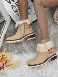 Best Botki damskie eko skórzane z kożuszkiem Kavira Botki Z Delikatnym Ociepleniem|Botki Na Płaskim Obcasie