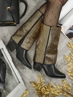 Clearance Botki damskie eko skórzane na słupku z ozdobną cholewką Virelia Botki Z Delikatnym Ociepleniem|Botki Na Słupku