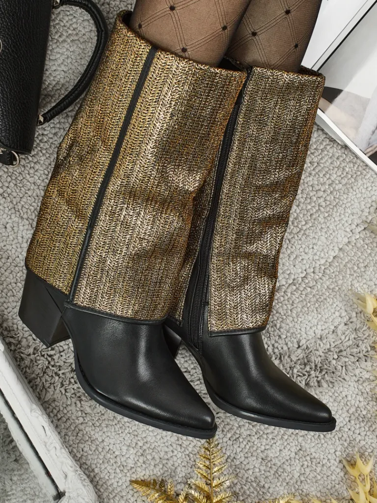 Clearance Botki damskie eko skórzane na słupku z ozdobną cholewką Virelia Botki Z Delikatnym Ociepleniem|Botki Na Słupku