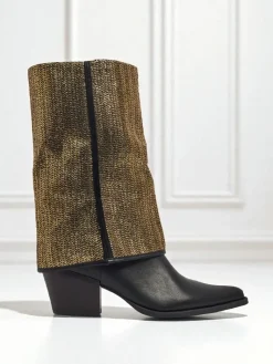 Clearance Botki damskie eko skórzane na słupku z ozdobną cholewką Virelia Botki Z Delikatnym Ociepleniem|Botki Na Słupku