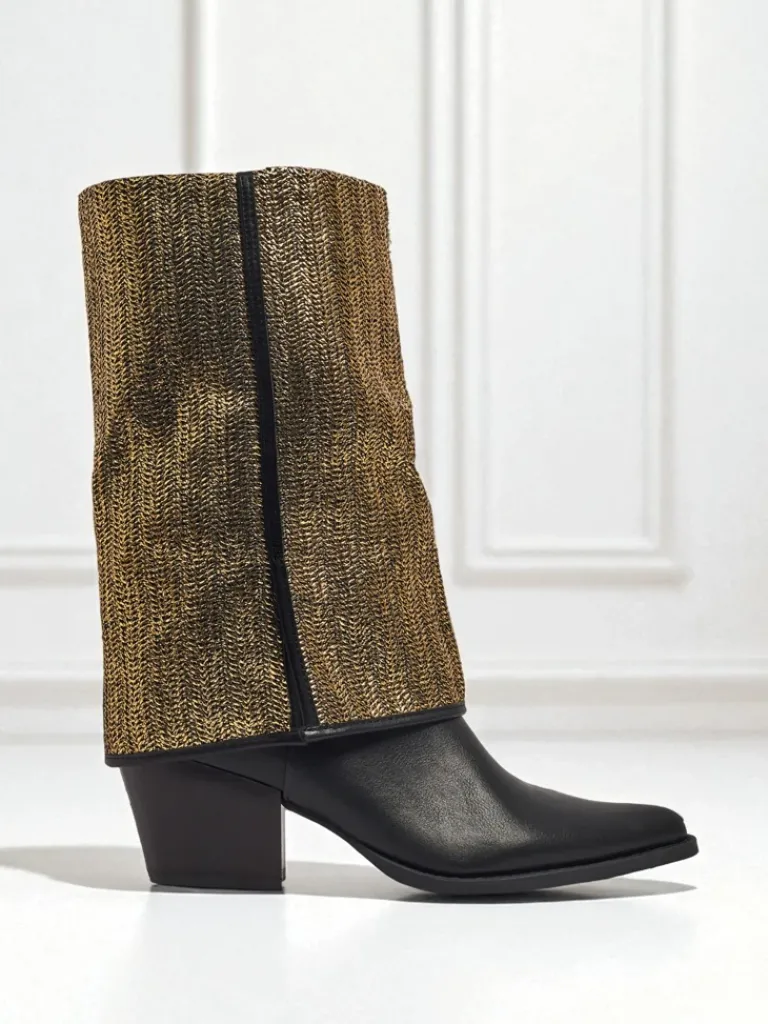 Clearance Botki damskie eko skórzane na słupku z ozdobną cholewką Virelia Botki Z Delikatnym Ociepleniem|Botki Na Słupku