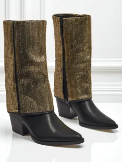 Clearance Botki damskie eko skórzane na słupku z ozdobną cholewką Virelia Botki Z Delikatnym Ociepleniem|Botki Na Słupku