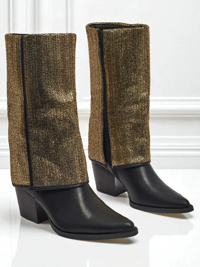 Clearance Botki damskie eko skórzane na słupku z ozdobną cholewką Virelia Botki Z Delikatnym Ociepleniem|Botki Na Słupku