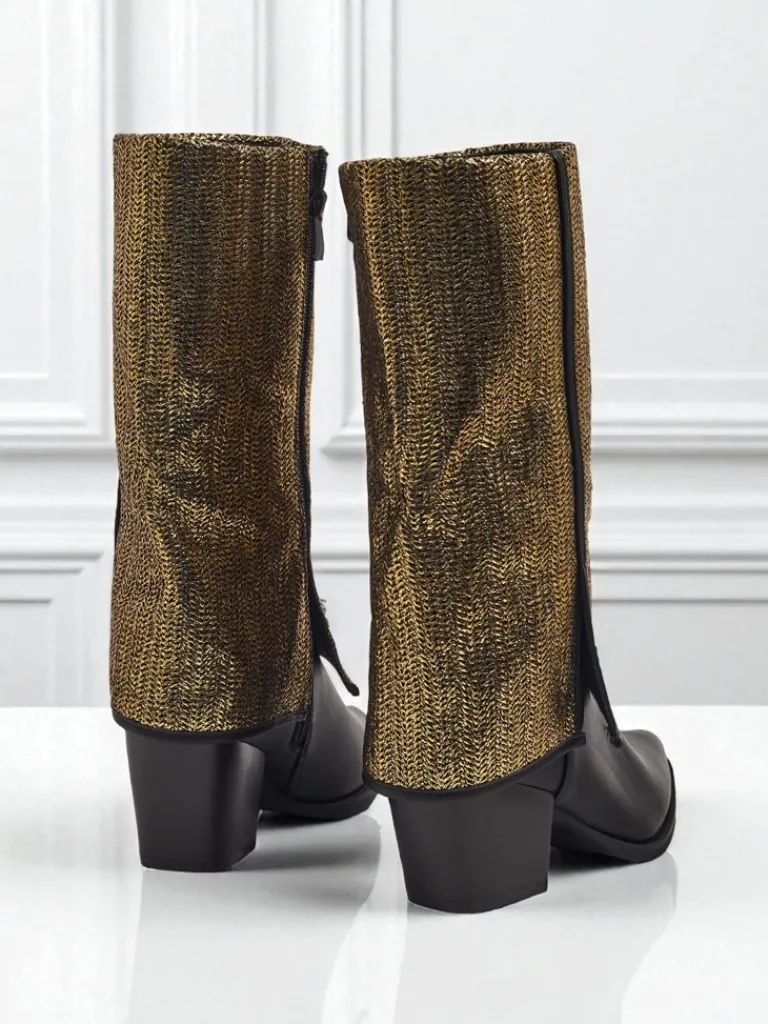 Clearance Botki damskie eko skórzane na słupku z ozdobną cholewką Virelia Botki Z Delikatnym Ociepleniem|Botki Na Słupku