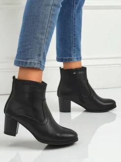 Clearance Botki damskie eko skórzane na obcasie Lunar Crest Botki Z Delikatnym Ociepleniem|Botki Na Słupku