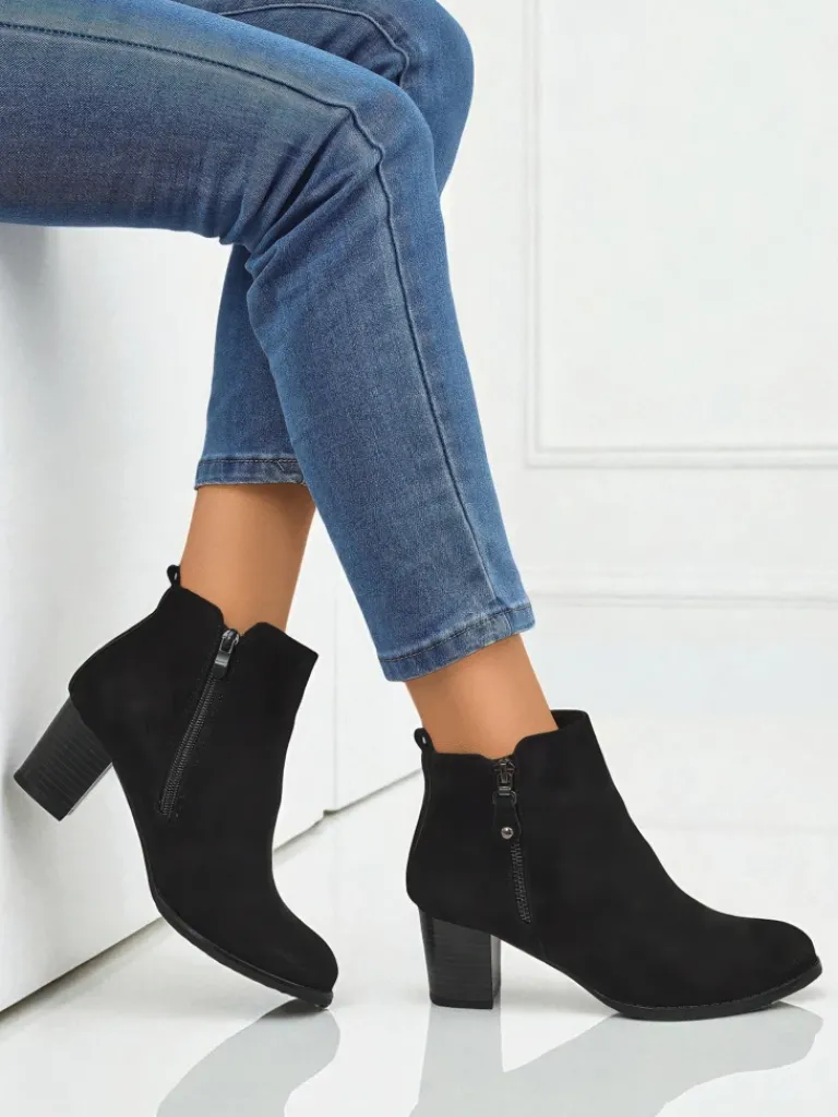 Clearance Botki damskie eko zamszowe na obcasie Midnight Bloom Botki Z Delikatnym Ociepleniem|Botki Na Słupku