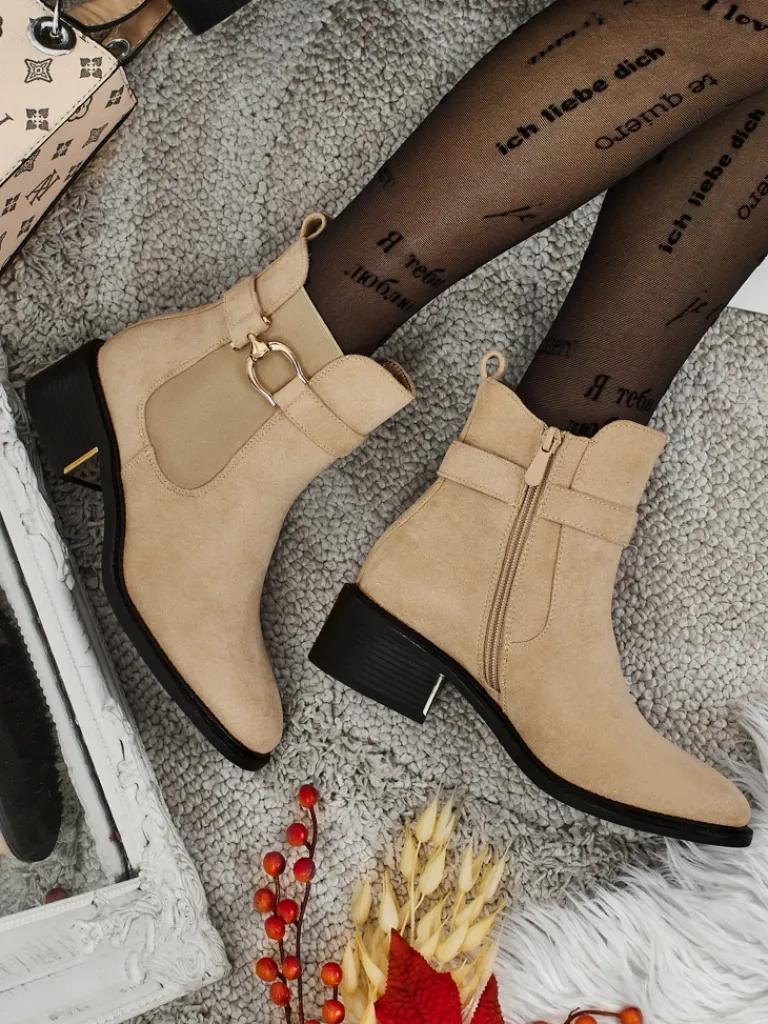 Botki damskie eko zamszowe Calivra Botki Z Delikatnym Ociepleniem|Botki Na Płaskim Obcasie