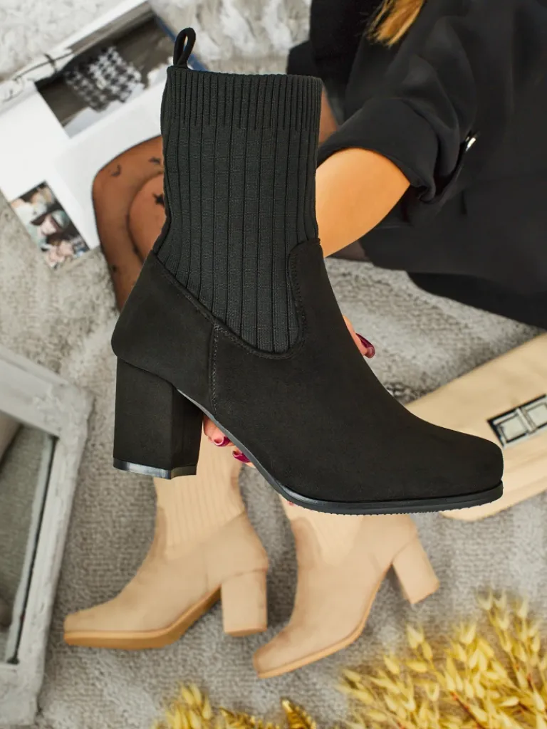 Discount Botki damskie eko zamszowe na słupku ze wstawką a'la skarpeta LumenThorn Botki Z Delikatnym Ociepleniem|Botki Na Słupku