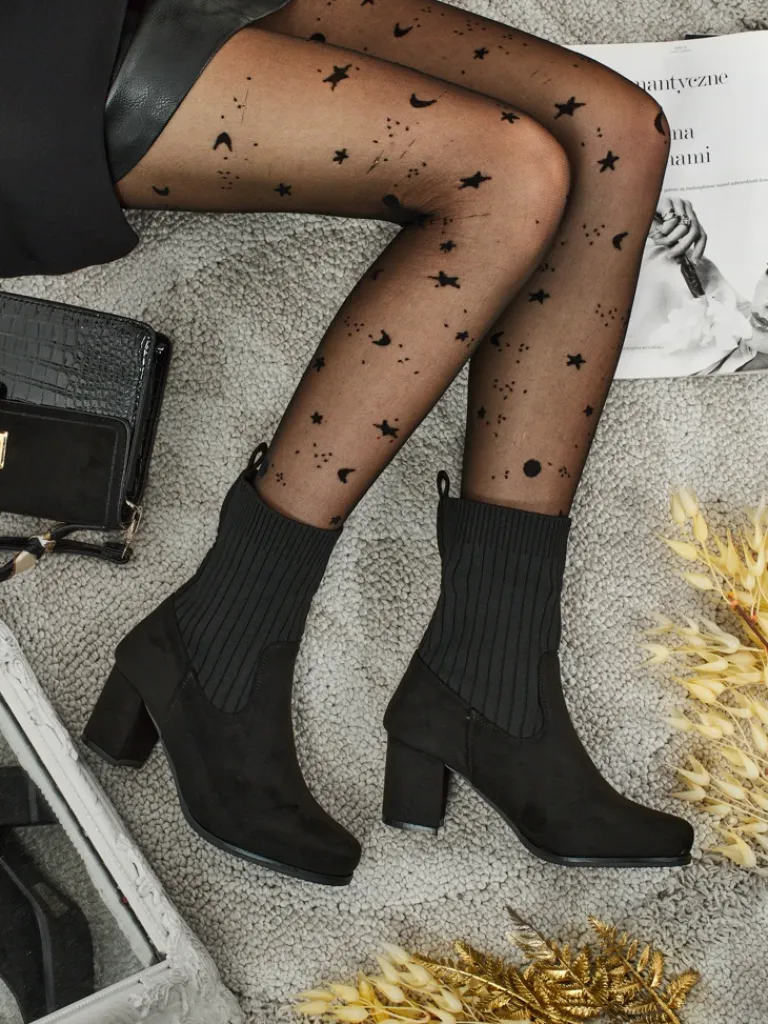 Discount Botki damskie eko zamszowe na słupku ze wstawką a'la skarpeta LumenThorn Botki Z Delikatnym Ociepleniem|Botki Na Słupku