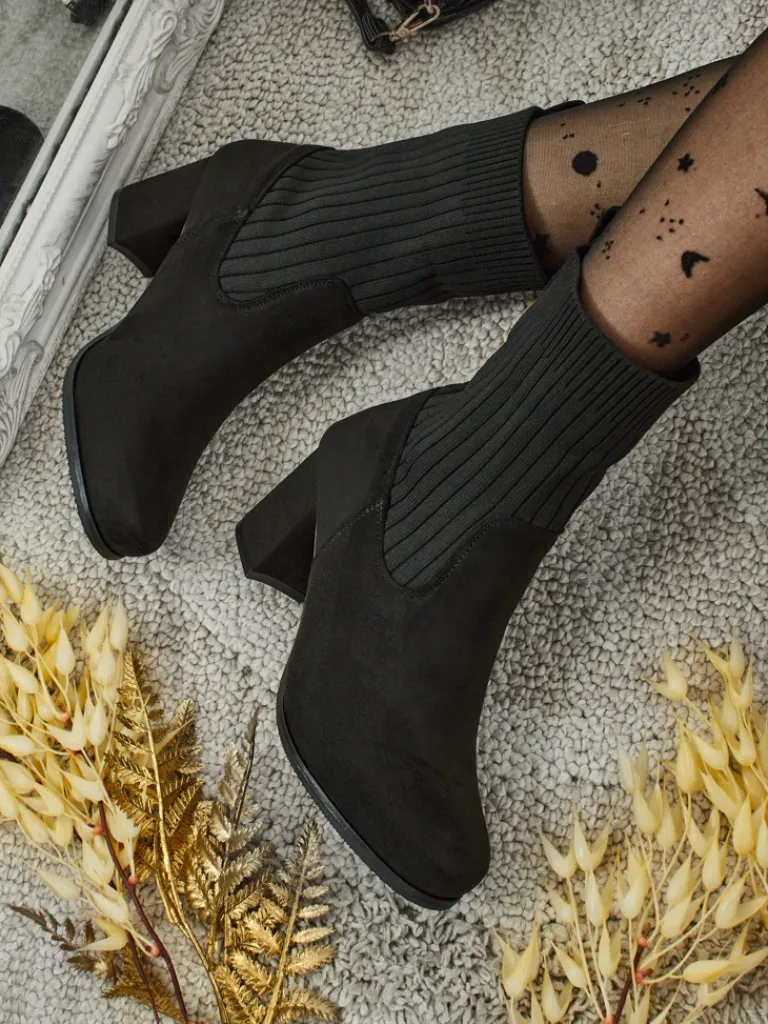 Discount Botki damskie eko zamszowe na słupku ze wstawką a'la skarpeta LumenThorn Botki Z Delikatnym Ociepleniem|Botki Na Słupku