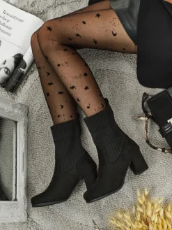 Discount Botki damskie eko zamszowe na słupku ze wstawką a'la skarpeta LumenThorn Botki Z Delikatnym Ociepleniem|Botki Na Słupku