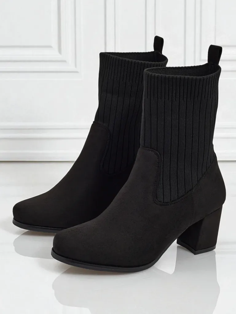 Discount Botki damskie eko zamszowe na słupku ze wstawką a'la skarpeta LumenThorn Botki Z Delikatnym Ociepleniem|Botki Na Słupku