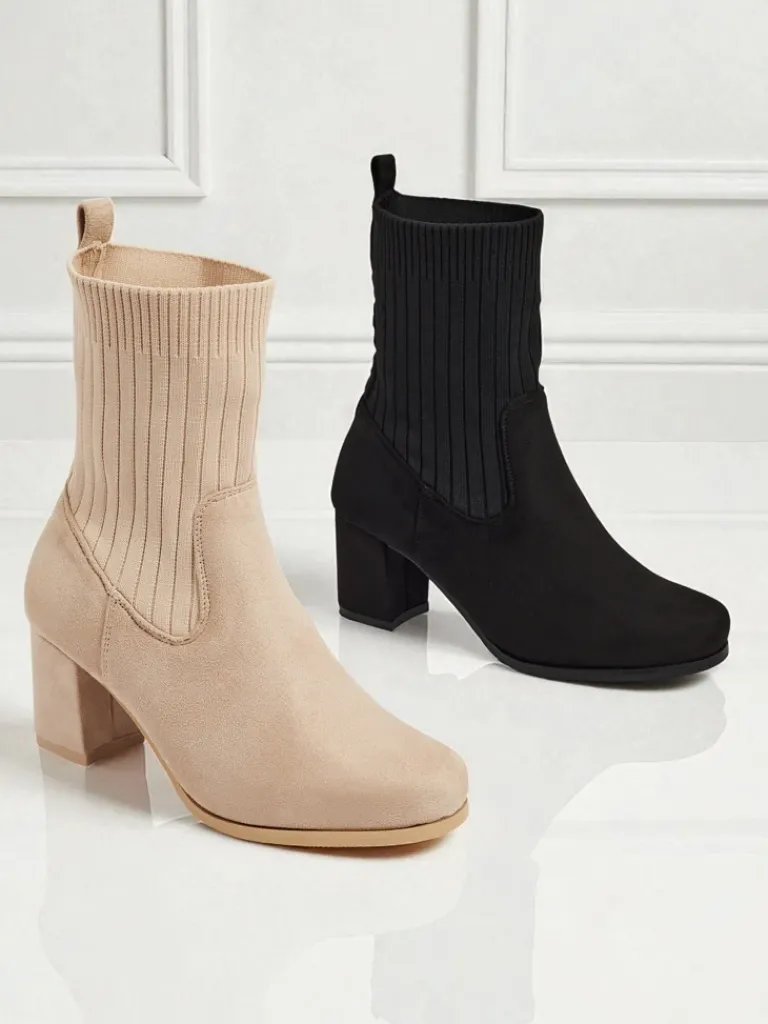 Discount Botki damskie eko zamszowe na słupku ze wstawką a'la skarpeta LumenThorn Botki Z Delikatnym Ociepleniem|Botki Na Słupku