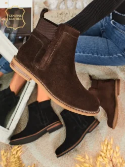 Best Botki damskie z naturalnego zamszu Cuoio Elegante Botki Na Płaskim Obcasie