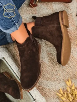 Best Botki damskie z naturalnego zamszu Cuoio Elegante Botki Na Płaskim Obcasie