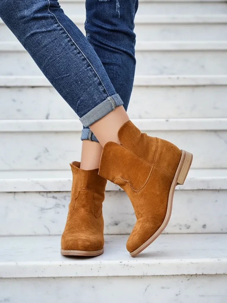 Sale Botki Eliana z Zamszu Ekologicznego na Koturnie Botki Z Delikatnym Ociepleniem|Kowbojki