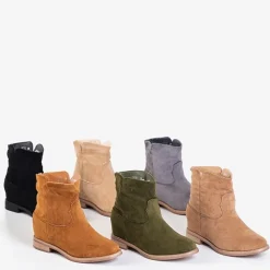 Sale Botki Eliana z Zamszu Ekologicznego na Koturnie Botki Z Delikatnym Ociepleniem|Kowbojki