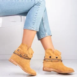 New Brązowe botki a'la kowbojki na krytym koturnie Salem - Obuwie Botki Z Delikatnym Ociepleniem|Kowbojki