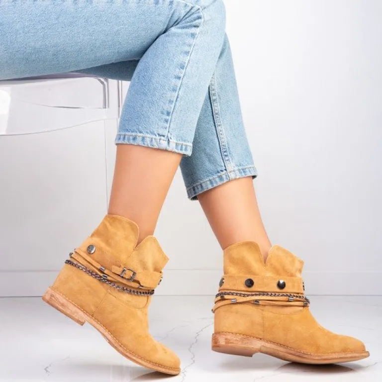 New Brązowe botki a'la kowbojki na krytym koturnie Salem - Obuwie Botki Z Delikatnym Ociepleniem|Kowbojki