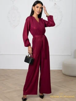 Discount Błyszczący kombinezon damski z kopertowym dekoltem Milla Damskie Komplety Damskie