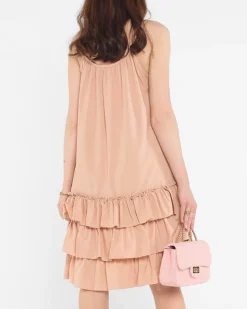 Best Camelowa damska sukienka na ramiączkach z falbankami - Odzież Sukienki Krótkie