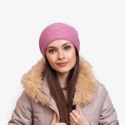 Discount Ciemnoróżowa ciepła damska dwuwarstwowa czapka - Akcesoria Damskie Czapki I Kapelusze