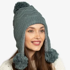 Ciemnoszara damska ocieplana czapka z pomponami - Akcesoria Damskie Czapki I Kapelusze