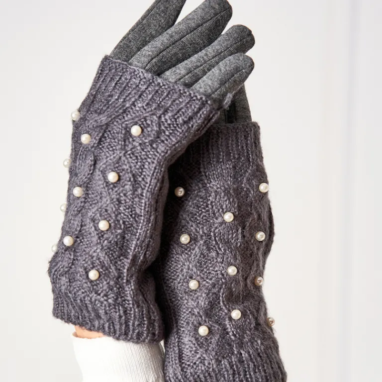 Hot Ciemnoszare damskie rękawiczki mitenki z perełkami - Akcesoria Damskie Rękawiczki
