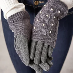 Hot Ciemnoszare damskie rękawiczki mitenki z perełkami - Akcesoria Damskie Rękawiczki