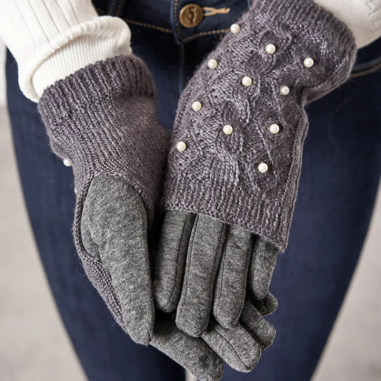 Hot Ciemnoszare damskie rękawiczki mitenki z perełkami - Akcesoria Damskie Rękawiczki