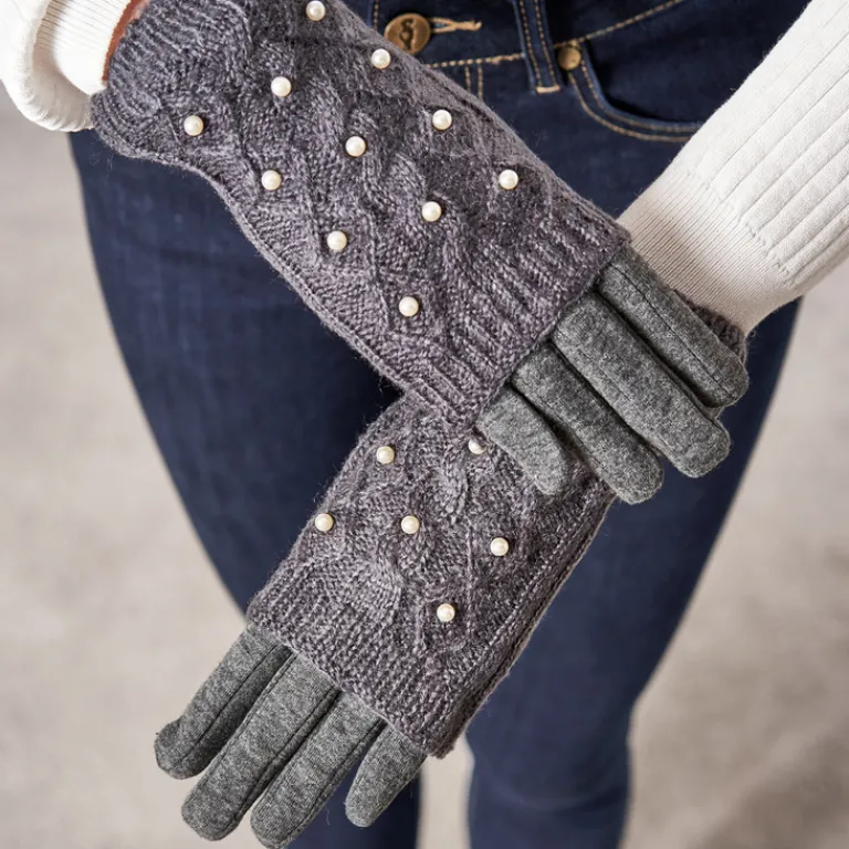 Hot Ciemnoszare damskie rękawiczki mitenki z perełkami - Akcesoria Damskie Rękawiczki