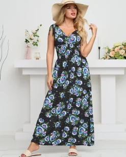 Clearance Czarna damska sukienka maxi w niebieskie kwiaty- Odzież Sukienki Letnie|Sukienki Długie