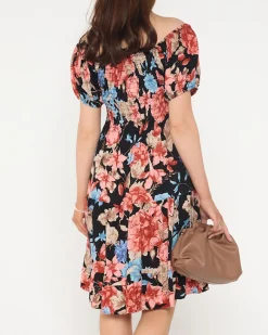 Hot Czarna damska sukienka mini w kwiaty - Odzież Sukienki Letnie|Sukienki Krótkie