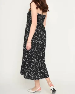 Discount Czarna damska sukienka midi w groszki PLUS SIZE - Odzież Sukienki Letnie|Sukienki Długie