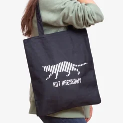 Sale Czarna materiałowa torba z napisem i nadrukiem kota - Akcesoria Damskie Materiałowe