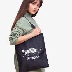 Sale Czarna materiałowa torba z napisem i nadrukiem kota - Akcesoria Damskie Materiałowe