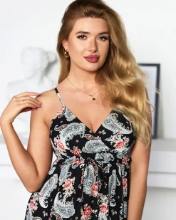 Outlet Czarna zwiewna damska sukienka maxi - Odzież Sukienki Letnie|Sukienki Długie