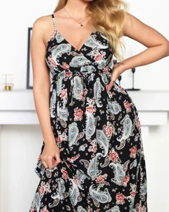 Outlet Czarna zwiewna damska sukienka maxi - Odzież Sukienki Letnie|Sukienki Długie