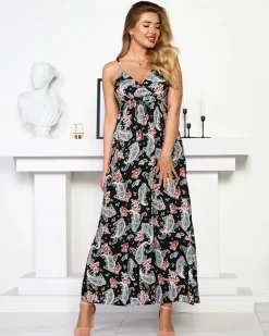 Outlet Czarna zwiewna damska sukienka maxi - Odzież Sukienki Letnie|Sukienki Długie