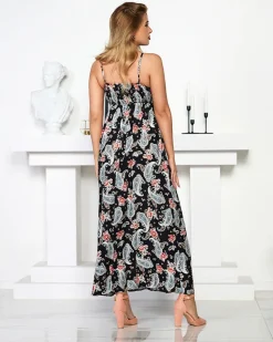 Outlet Czarna zwiewna damska sukienka maxi - Odzież Sukienki Letnie|Sukienki Długie