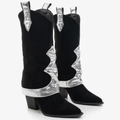 Outlet Czarne kozaki z ozdobną wywijaną cholewką Acilip - Obuwie Kozaki Bez Ocieplenia|Kozaki Do Połowy Łydki