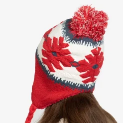 Best Czerwona damska ocieplana czapka w śnieżynki z pomponami - Akcesoria Damskie Czapki I Kapelusze